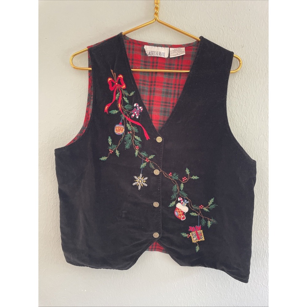 Vintage Christmas Vest  Winter Embroidered Plaid Black Velvet Holiday Large